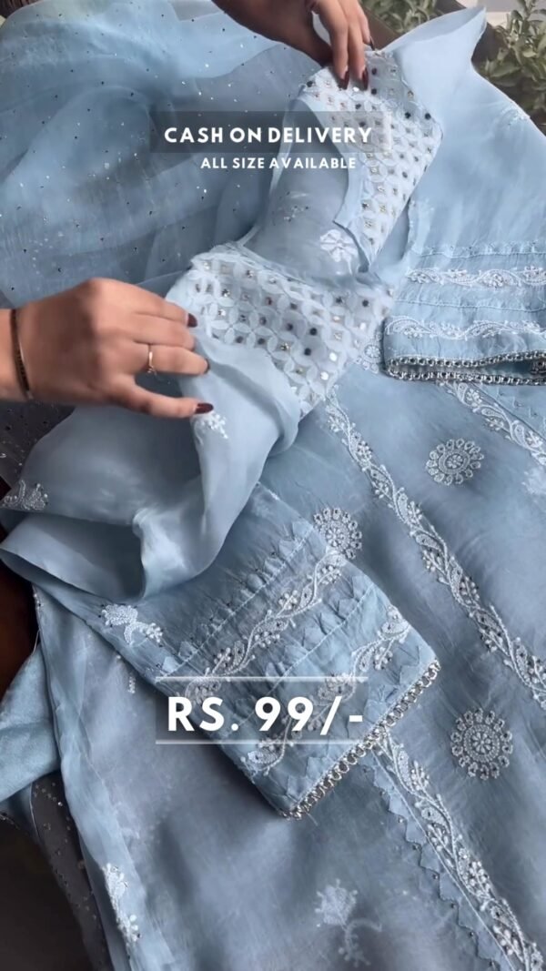 Sky Blue Color Tabby Organza Silk Wear Suit For Girls - Image 3
