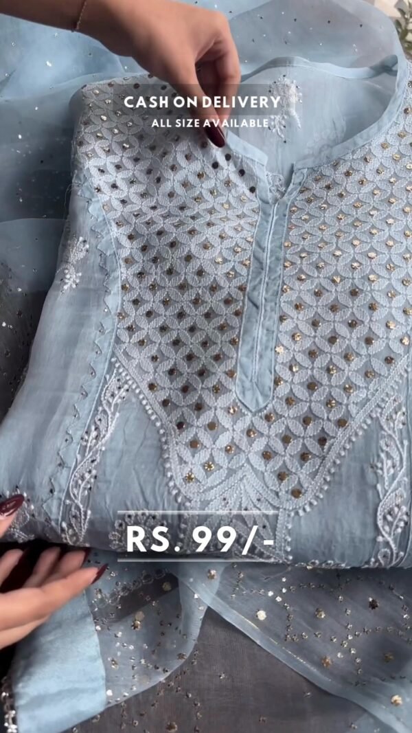 Sky Blue Color Tabby Organza Silk Wear Suit For Girls - Image 2