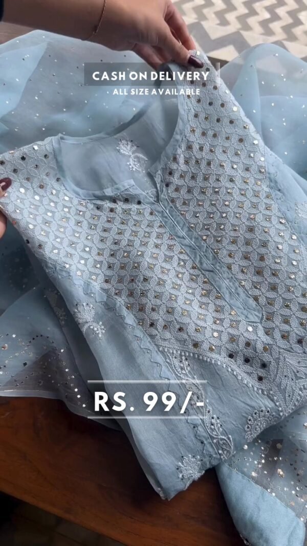 Sky Blue Color Tabby Organza Silk Wear Suit For Girls