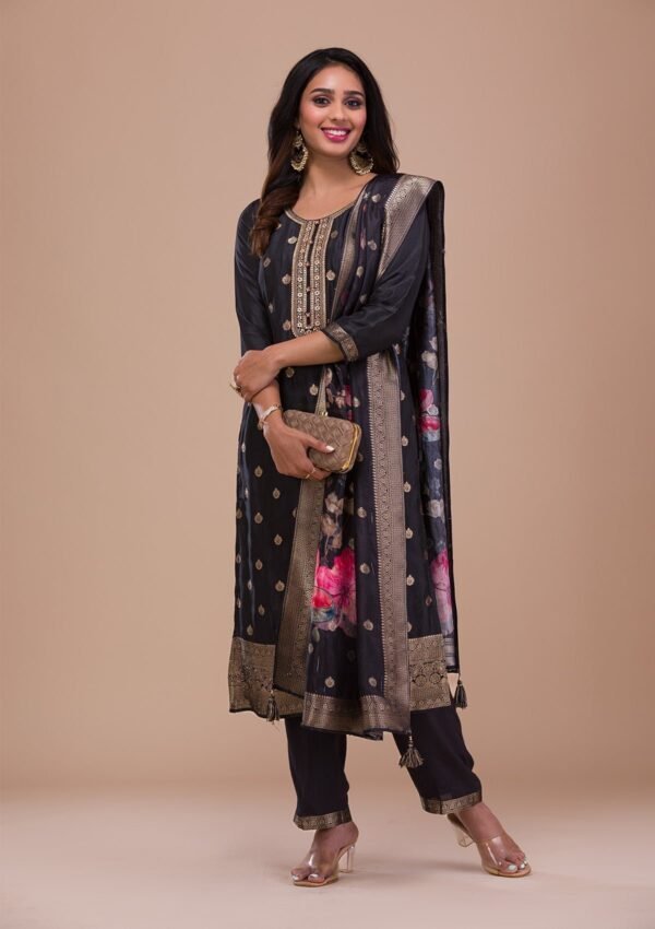 Black Zariwork Art Silk Readymade Salwar Suit