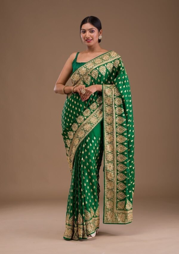 Bottle Green Zardosi Crepe Saree