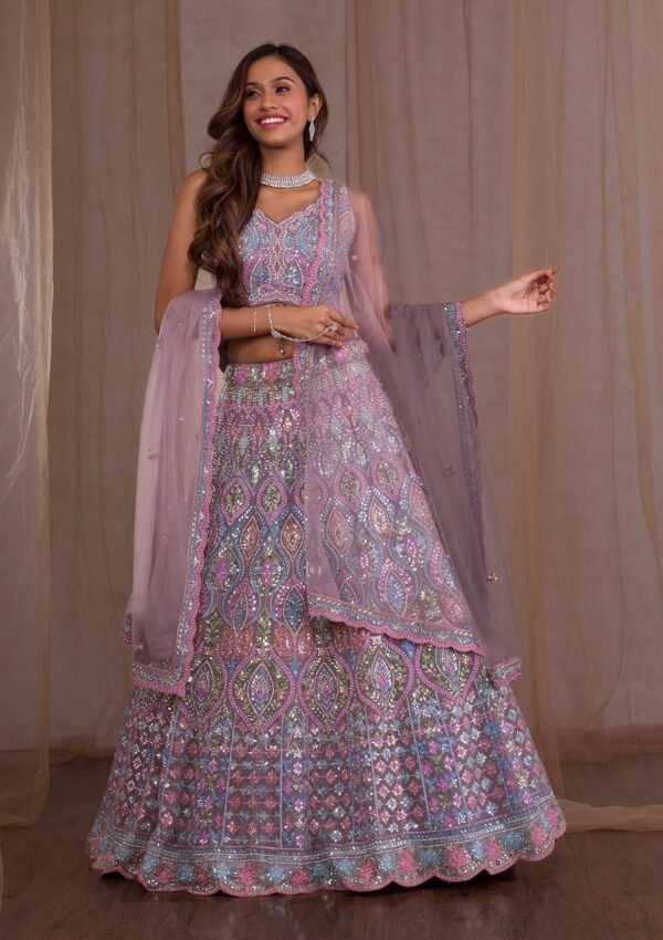 Lavender Mirrorwork Net Readymade Lehenga