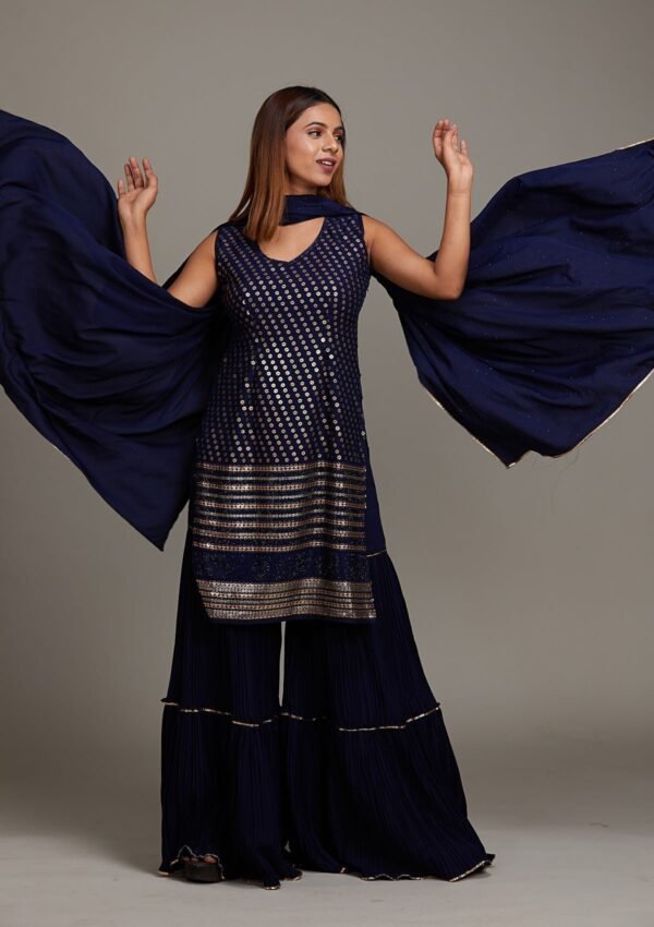 Navy Blue Sequins Semi Crepe Sharara Suit