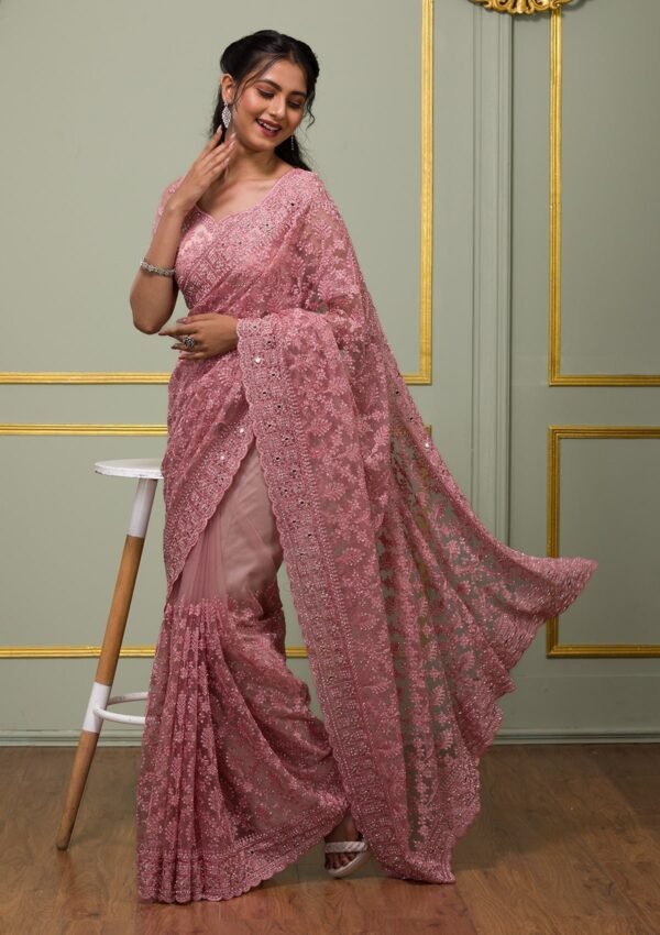 Onion Pink Threadwork Net Designer Saree