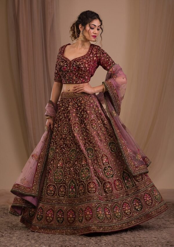 Onion Pink Zariwork Velvet Readymade Lehenga