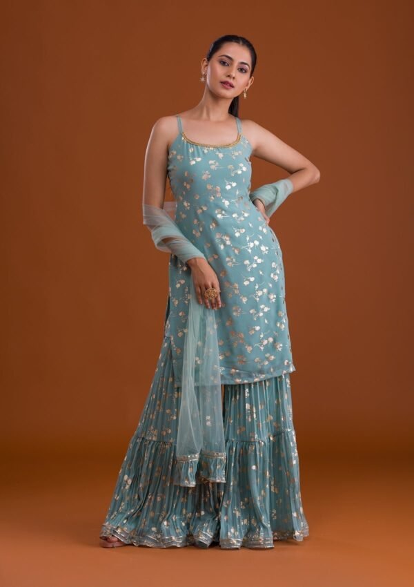 Sea Green Print Georgette Designer Sharara Suit