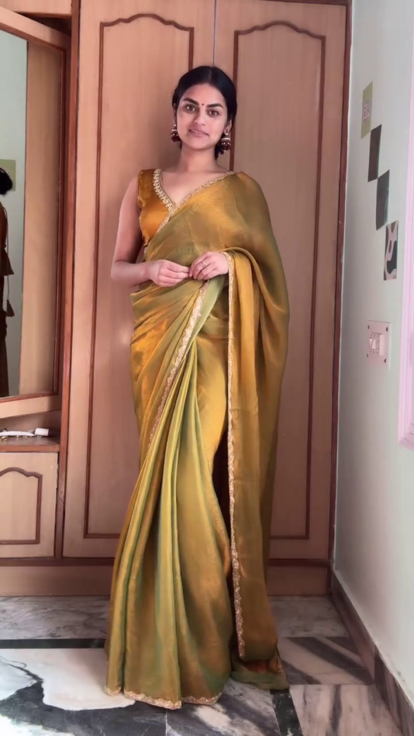 Elegant Golden Olive Silk Saree with Embroidered Border – Traditional Festive Wear - Image 2