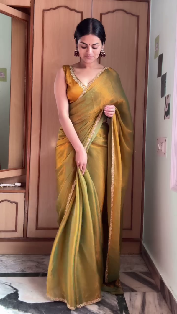 Elegant Golden Olive Silk Saree with Embroidered Border – Traditional Festive Wear