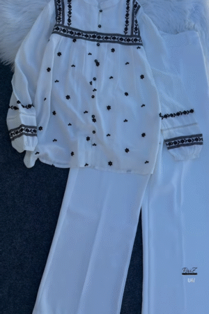 White Floral Embroidered Kurta Set with Wide-Leg Trousers – Elegant Indo-Western Fusion for Everyday Grace