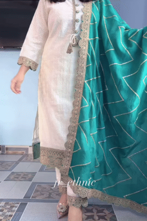 Elegant Cream Kurta Set with Embroidered Green Dupatta – Classy Ethnic Outfit for Festive & Formal Wear