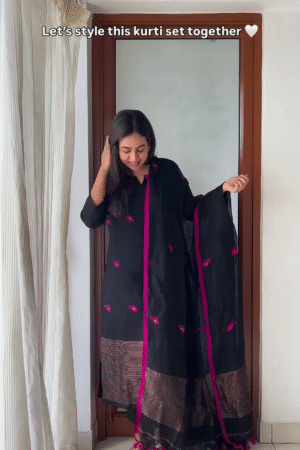 Elegant Black Kurti Set with Vibrant Pink Embroidery - Stylish Women's Ethnic Wear