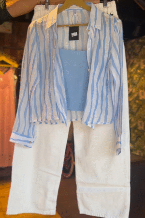 Effortless Striped Shirt & White Trousers Co-ord Set - Chic Women's Casual Wear