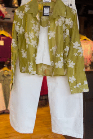 Elegant Olive Green Floral Embroidered Shirt & White Trousers Co-ord Set - Chic Women's Resort Wear