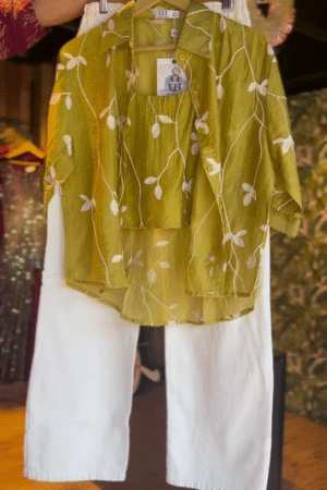 Chic Olive Green Leaf Embroidered Co-ord Set with Crop Top & Trousers - Women's Stylish Outfit