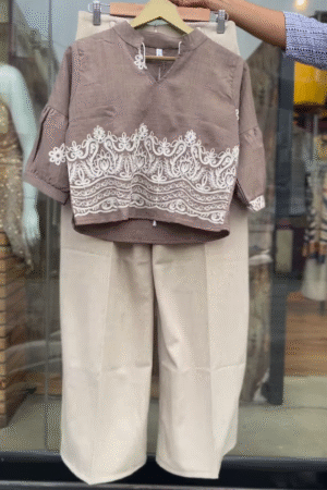 Elegant Taupe Co-ord Set with White Embroidered Details - Women's Casual Chic Outfit
