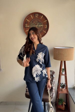 Elegant Navy Blue Floral Print Co-ord Set - Stylish Women's Top and Trousers Outfit