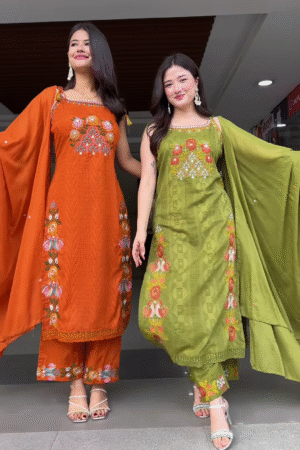 Vibrant Embroidered Ethnic Sets for Women - Orange & Olive Green Festive Wear