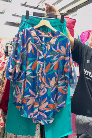 Unisex Geometric Print Button-Up Shirt with Solid Green Skirt – Contemporary Streetwear Fusion