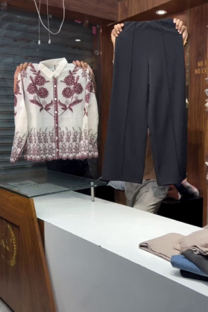 Unisex Maroon Embroidered White Shirt with Black Pants – Casual Ethnic Fusion Ensemble