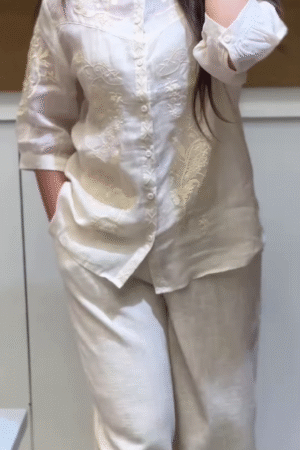 Embroidered Ivory Mandarin Collar Shirt with Matching Trousers – Lightweight Ethnic Summerwear