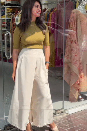 Women’s Mustard Short Sleeve T-Shirt with White Wide-Leg Pants – Minimalist Streetwear Look