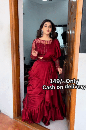 Women’s Red Embroidered Skirt Top Set with Traditional Earrings – Ethnic Doorway Portrait Ensemble