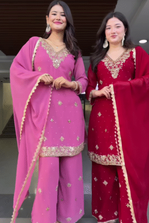 Couple’s Coordinated Embroidered Kurta Set – Pink & Red Traditional Ethnicwear with Dupattas