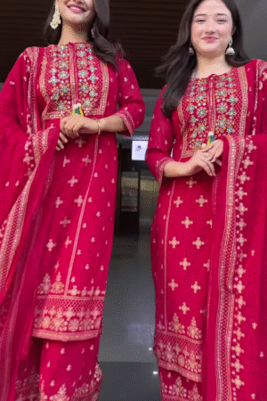 Couple’s Coordinated Red Embroidered Kurta Set with Dupattas – Festive Ethnic Portrait Ensemble