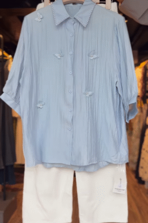 Women’s Pearl-Collar Blue Floral Blouse with White Shorts – Elegant Summer Co-Ord Casualwear