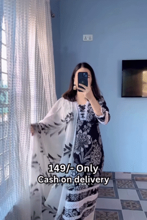 Women’s Black Floral Kurti with White Lace Accents