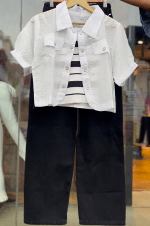 Women’s White Buttoned Crop Jacket with Striped Inner Top and Black Pants – Layered Streetwear Ensemble