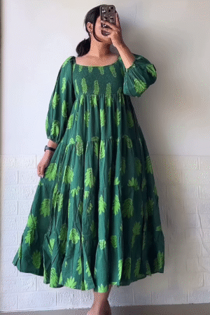 Women’s Leaf-Print Green Maxi Dress with Smocked Bodice and Tiered Skirt – Elegant Casualwear from Summer Portrait Series