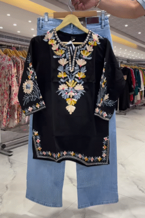 Women’s Black Floral Embroidered Kurti with Light Blue Denim Pants – Everyday Ethnicwear Ensemble with Bright Accents