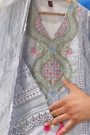 Women’s Light Blue Lace Kurti with Pink Floral Embroidery & Tassel Details – Ethnicwear Set with Sheer Dupatta