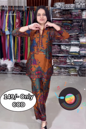 Women’s Multicolor Abstract Printed Kurti with Matching Pants – Ethnic Fusion Co-Ord Set with Music-Themed Backdrop