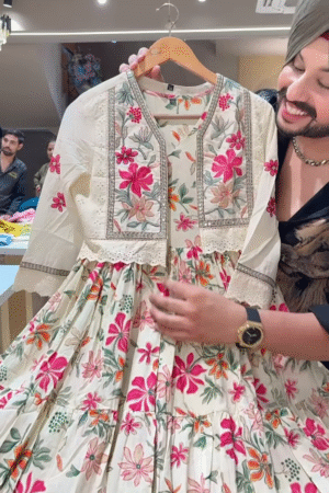 Women’s Cream Floral Embroidered Anarkali Dress with Fitted Bodice & Flared Hem – Vibrant Occasionwear for Ethnic Styling