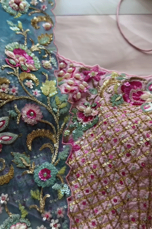 Dual-Toned Embroidered Sheer Fabric Panel with Sequins & Floral Motifs – Pink & Blue Textile for Occasionwear Drapes & Fusion Tailoring