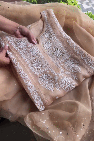 Beige Sheer Embroidered Fabric Panel with White Floral Motifs & Sequin Accents – Ethnicwear Material