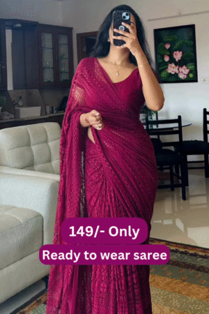 Women’s Maroon Lace Saree with Intricate Floral Border – Ready-to-Wear Ethnic Ensemble with Homestyle Presentation
