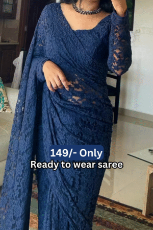 Women’s Dark Blue Lace Saree with Floral Patterns & Matching Blouse – Ready-to-Wear Ethnic Ensemble Styled with Beaded Necklace