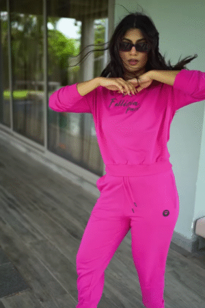 Unisex Bright Pink Tracksuit with Drawstring Joggers & Printed Sweatshirt – Casual Athleisure Set Styled with White Sneakers