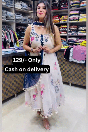 Women’s White Floral Printed Dress with Blue Sash & Pom-Pom Accents – Boutique Ethnicwear Styled with Beige Heels