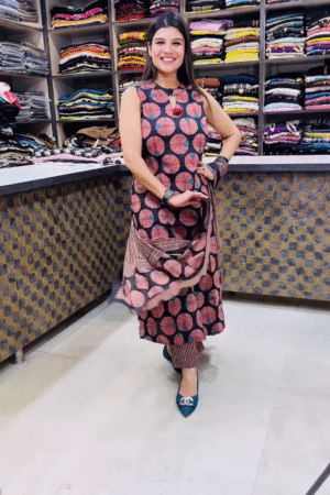 Women’s Sleeveless Black Dress with Red Circular Motifs & Keyhole Neckline – Boutique Ethnicwear Styled with Matching Fabric Accent