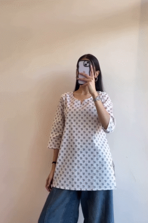 Ivory Motif Tunic & Wide-Leg Denim Set