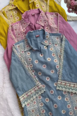 Floral Embroidered Kurta Collection – Mustard, Pink & Blue