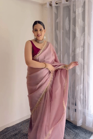 Blush Pink Organza Saree with Golden Lace Border