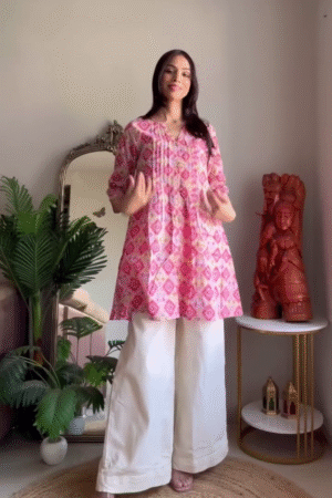 Pink Ikat Print Kurta with White Palazzo Pants