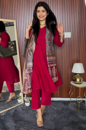 Crimson Red Kurta Set with Printed Ethnic Jacket