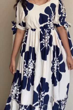 Ivory & Navy Blue Floral Maxi Dress