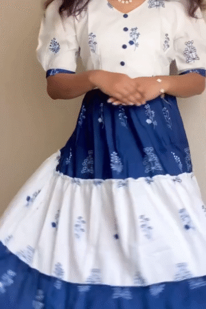 Blue & White Floral Printed Tiered Midi Dress